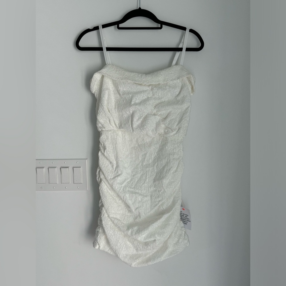 ASOS DESIGN strappy textured mini dress with ruched toggle detail in white NEW